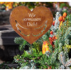 LB H&F Mourning Decoration Grave Decoration Metal for Arrangements – Angel Wings – Wir vermissen Dich – Grave to Stick – Weather Frost Resistant (Heart Rose)