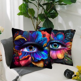Tucocoo Modern Decorative Pillow Covers 18x18 inches Set of 4 Fantasy Flowers Throw Pillow Covers Sunflowers Evil Eyes Square Pillowcase Colorful Floral Cushion Case for Couch Sofa Bed Car Patio