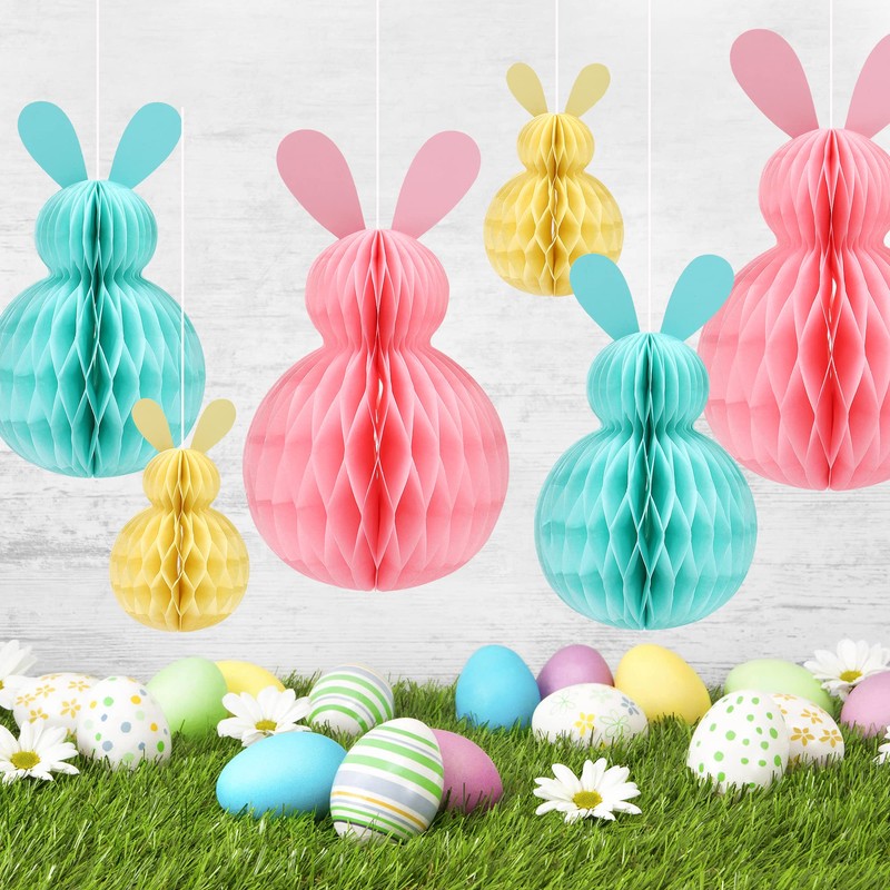 MAMUNU 6 PCS Easter Hanging Decorations, Rabbit Honeycomb Ball Pendant