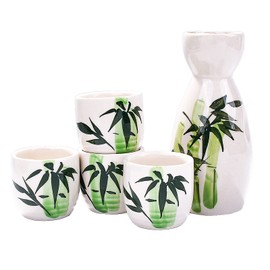 Japanese Ceramic Sake Set of 5,Bamboo Pattern Sake Pot and Sake Cup