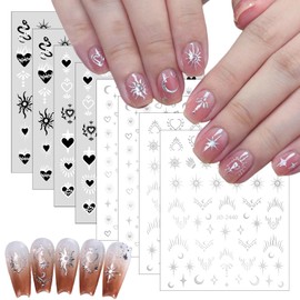 8 Sheets Laser Sliver Sun Moon Star Nail Art Stickers 3D Self-Adhesive Silver Stars Heart Nail Stickers Silver Metallic Hollow Heart Moon Star Design Nail Decals for Women Girls Nail Decorations