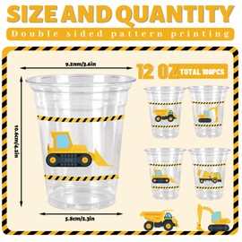 JarThenaAMCS 100Pcs Construction Birthday Party Plastic Cup 12Oz Dump Truck Disposable Cup Double Printed Clear Glasses for Coffee Juice Drink Party Supplies
