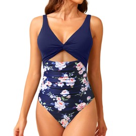 Tempt Me - Traje de baño de una pieza para mujer con control de abdomen y corte fruncido, cuello en V y parte delantera, Azul Floral, S