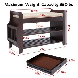 NURTUDIS Shoe Rack Bench Entryway, Bamboo Shoe Bench with Removable Cushion, 2-Tier Shoe Storage Organizer Shelf with Side Drawer & Storage Basket for Entryway Living Room, Bedroom, Bathroom(M)