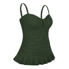 Hilor - Traje de baño tankini retro fruncido de los años 50 con dobladillo con volantes para mujer, Verde Ejército Oscuro, 10