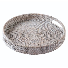 Medium Rattan Serving Tray 12" in Whitewash • Woven Serving Trays with Handles for Home • Round Dining Table Tray • Wicker Serving Basket