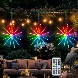 AKNMSOY Solar Fireworks Lights for Outside, 3 Pack IP65 Waterproof Hanging Fairy Light with Remote Control & Timer, Color Changing Starburst Lights for Garden, Yard, Party, Wedding, Christmas Decor