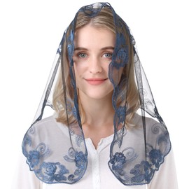 Ammmscaf - Velo capilla de encaje católico, masa, bordado para cubrir la cabeza, velo de iglesia, Azul marino y negro, 37.5" across by 19.7"