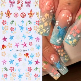 Summer Ocean Floral Nail Stickers-3D Self Adhesive Cute Flowers Sea Turtle Starfish Manicure Nail Decals Accessories Slider Spring Summer Floral for Women DIY Nail Art Decorations 6 Sheets