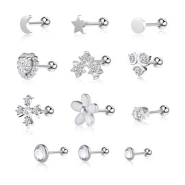 12/10Pcs Surgical Steel Hypoallergenic Earrings Stud Set, Women Earrings with Diamonds, Stainless Steel Helix Cartilage Stud Earrings, Small Cubic Zirconia Stud Earrings for Women 19g/17g