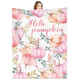 Buryeah Fall Blanket Pink Pumpkins Throw Blanket Autumn Orange Pink Pumpkins Leaves Soft Warm Blanket 60 x 50 Inches Hello Pumpkin Thanksgiving Blanket for Fall Home Bed Sofa Couch Decor