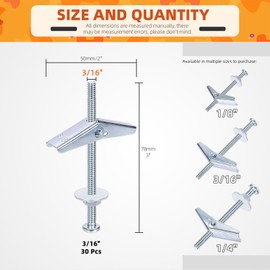 Tanstic 30 Sets 3/16 Inch Toggle Bolt and Wing Nut Assortment Kit, Butterfly Toggle Anchors with Wing Nuts, Hex Nuts, Washers, Hollow Drywall Anchors and Screws for Drywall