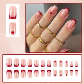 Red French Tips Press on Nails Short Square Fake Nails with Cute Heart Design Full Cover Glossy Acrylic Glue on Nails Reusable Nude Pink False Nails for Women Manicure 24pcs
