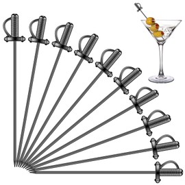 10 Pieces Stainless Steel Cocktail Picks Toothpicks 4.3 Inch Sword Metal Martini Drink Pick Sticks Appetizer Reusable Skewers Food Fruit Cocktail Toothpicks for Birthday Wedding Beach (Black)
