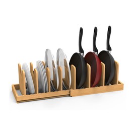 FoverOne Expandable Pot Lid Organizer, Bamboo Pot and Pan Organizer for Under Cabinet, 16" to 28" Adjustable Length and 10 Dividers