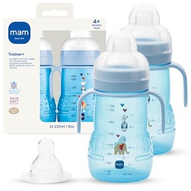 MAM Trainer - Taza para beber para niños pequeños de 1 a 3, 8 onzas, taza de transición con boquilla extra suave, pezón sin derrames y asas antideslizantes, para niños de más de 4 meses, 2 unidades