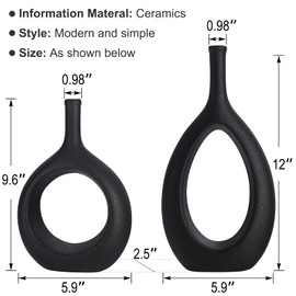 Black Ceramic Hollow Elliptical Vase Set of 2 - Boho Circle Vase with Hole, for Modern Black Table Decor, Living Room Decor Shelf mid Century Modern Home Entrance Decorative vase