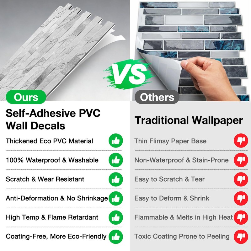 Koynsle Peel and Stick Backsplash Tile Waterproof Removable PVC Wall