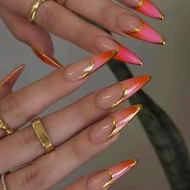 ANDGING French Tip Press on Nails Almond Gold Pink Medium Fake Nail with Designs Long fake on Nail for Women Stick on Nail for Wedding Gel Acrylic Manicure Full Cover Pressons Nail