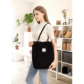 Women's Handbag Corduroy Shopper Cord Tote Bag for Books Travel Everyday School Work Shopping Bag for Girls, black