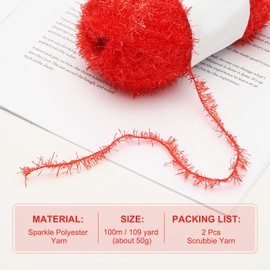 PATIKIL 2 Skeins 109 Yards Scrubbie Yarn, Sparkle Yarn Polyester Scrubbie Sparkle Red Heart Glass for Dishcloths Crocheting Knitting Blanket Rug Sweater Scarf Hat, Red