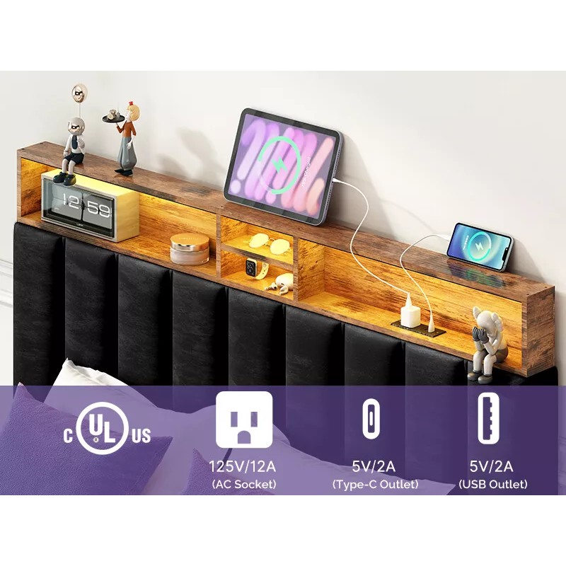 Sersper Full/Queen Size Bed Frame with Storage Headboard, Charging Station