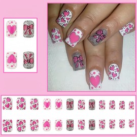 24Pcs Valentine's Day Press on Nails Short Square Fake Nails with Pink Heart and Bow Designs, Glitter Heart Bow False Nails Full Cover Holiday Acrylic on Nails Stick on Nails for Women Party Nails