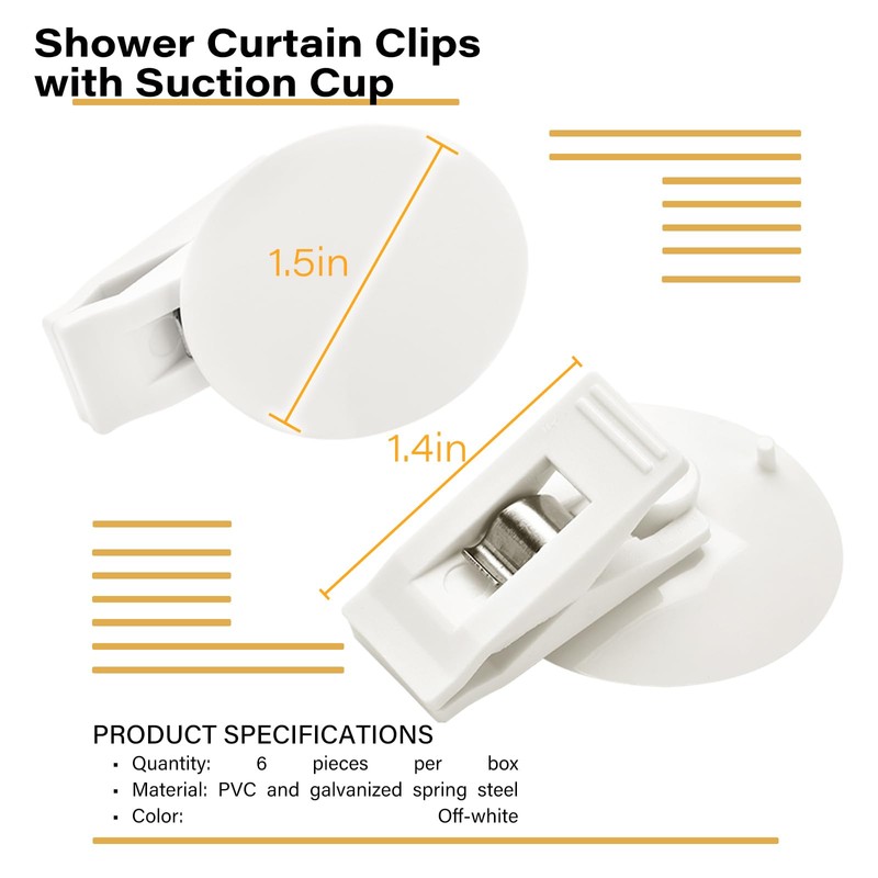 6 Packs Shower Curtain Clips with Suction Cup to Prevent