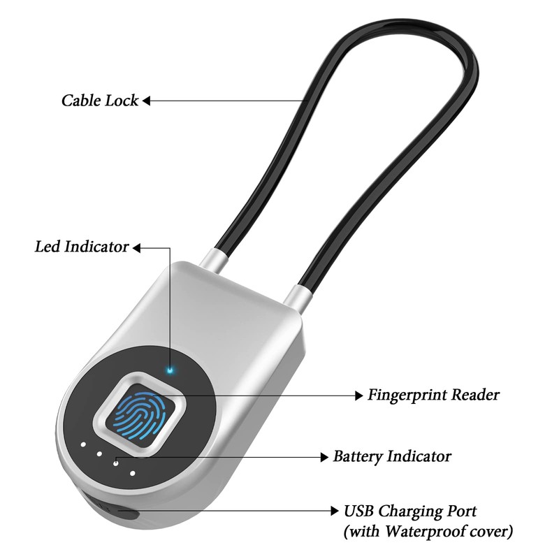 Dhiedas Fingerprint Gate Lock, 3.6'' Long Cable Fingerprint Lock, Smart