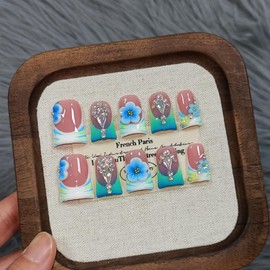 TENPAL Ocean Ombre French Tip Press On Nails With Tools,Ballerina Glossy Duckbill Coffin Nails with 3D Floral Crystals,10Pcs Icy Seafoam Glitter Vacation Acrylic Glue on Nails for Women Girls(L)