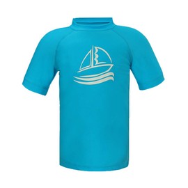 LACOFIA Boys' Short-Sleeved Swimming Shirt Children's Sun Protection Swimming Shirt Kids Rash Guard Quick-Drying, Sky blue print, 158 - 164