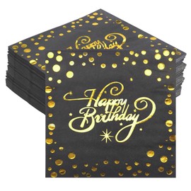 Pack of 40 Happy Birthday Napkins, Birthday Napkins, Black Foiled Birthday Napkins, Birthday Napkins Black Gold for Baby Shower, Boy, Girl, Birthday Party