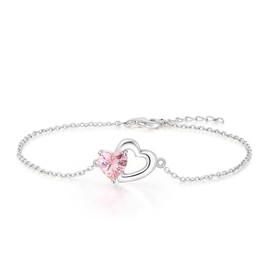 TutuTiara. Pure Silver Women's Link Bracelets, Sterling Silver Birthstone Tennis Bracelets for Women, Pink Diamond Heart Bracelet, Perfect Gifts for Mom Girlfriend Wife Daughter