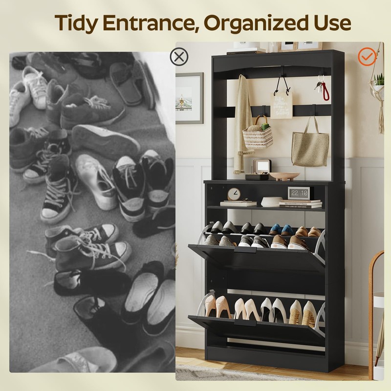 YATINEY Tall Shoe Cabinet with Flip Drawers and Coat Rack,