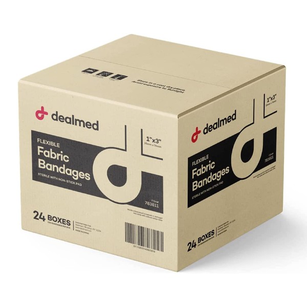 Dealmed Sterile Flexible Fabric Adhesive Bandages – 1x3 Inch – 100/Box - 24 Boxes - Breathable First Aid Strip Pack - Soft Stretch Wound Patch for Medical, Emergency Kits & Clinic