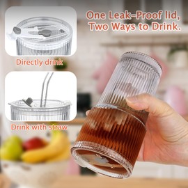 Joeyan Glass Tumblers with Lids and Glass Straws,Ribbed Vintage Ice Coffee Cup with Leather Sleeve,Clear Water Smoothie Cocktails Soda Milk Drinking Glasses,20 oz,Set of 2,Dishwasher Safe