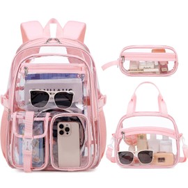 Scothen Clear Backpack for Girls, 3PCS PVC Transparent Girls School Bookbag Heavy Duty Stadium Approved, See Through Backpack Schoolbag for Kindergarten Elementary Middle School Travel