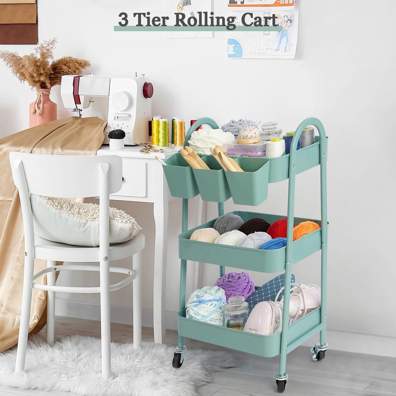 danpinera 3-Tier Rolling Cart, Utility Cart Mobile Metal Rolling Storage