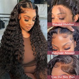 Giginger HD Natural Black 30 Inch Deep Wave Wigs Human Hair 200% Density Real Full Large Lace Space 13X4 Natural Black Deep Wave Wigs Human Hair Pre Plucked For Black Women