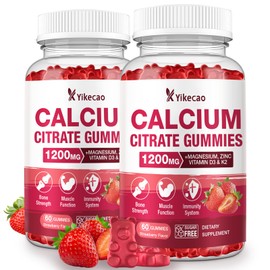 2 Pack Calcium Citrate Gummies 1200mg, Calcium Supplements for Women & Men, Calcium Gummies with Vitamin D3, K2, Magnesium, Zinc, Potassium, Muscle & Immune Support, Strawberry Flavor, 120 Count