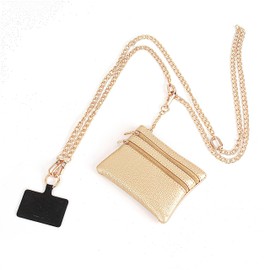 RJINYENS Clip and Go Phone Metal Chain with Pouch, Phone Lanyard Crossbody with Wallet for Women, Hands-Free Carrying and Adjustable Crossbody Chain Strap Gold