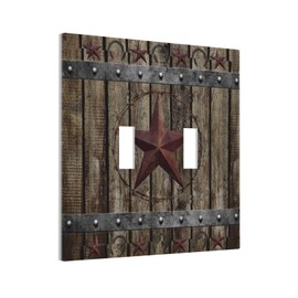 Western Texas Star Horseshoes Vintage Wooden Board Double Toggle Light Switch Covers 2 Gang Wall Plate Dual Decorative Switchplate Electrical Faceplate for Farmhouse Country Bedroom Kitchen Decor
