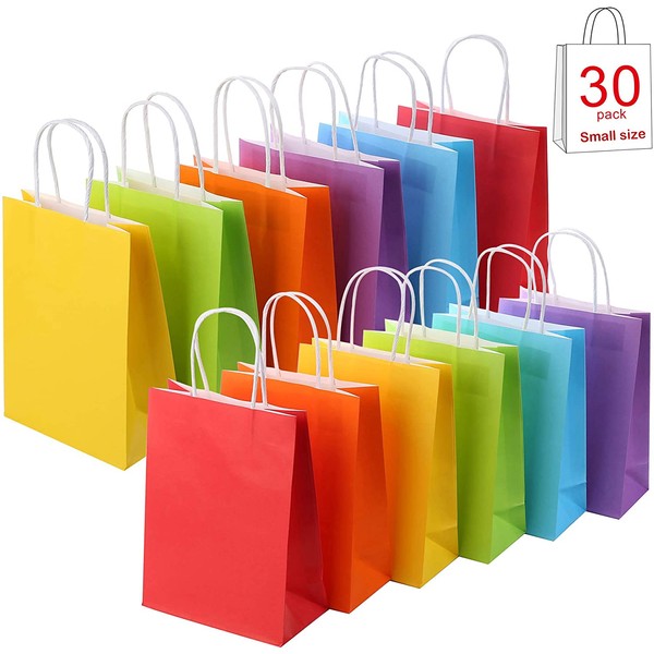 30 Pieces Kraft Paper Rainbow Party Favor Bags with Handle Assorted Colors (Rainbow)