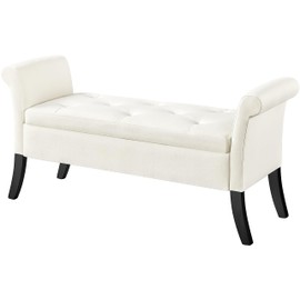 Yaheetech Fabric Modern Tufted Large Storage Bench with Rolled Arms Cushioned Storage Bench Entryway Bench Functional Storage Bench Footstool Foot Rest for Living Room Bedroom Window Side Fresh White