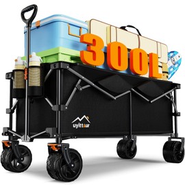 Uyittour 48'' Extra Large Collapsible Foldable Wagon, 300L Capacity Heavy Duty Folding Beach Wagon with Big All-Terrain Wheels, Extended Utility Garden Cart for Outdoor Activities, Carbon Black
