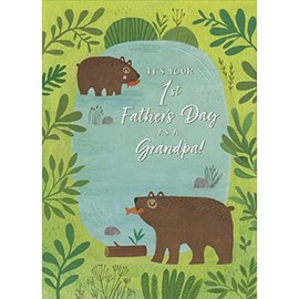 Designer Greetings Two Cute Brown Bears Eating Orange Fish at Blue Lake 1st / First Father's Day Card for Grandpa