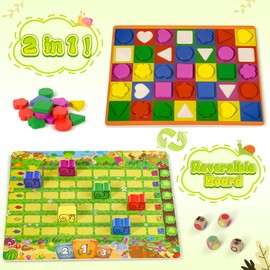 Pourbibi Board Games - 2 in 1 Wooden Board Games Kids, Montessori Toys for 3 Years Old and Up, Fun Family Games for 1-6 Players, Travel Games, Educational Toys for 3 4 5 6 Year Olds Girl Boys Gifts