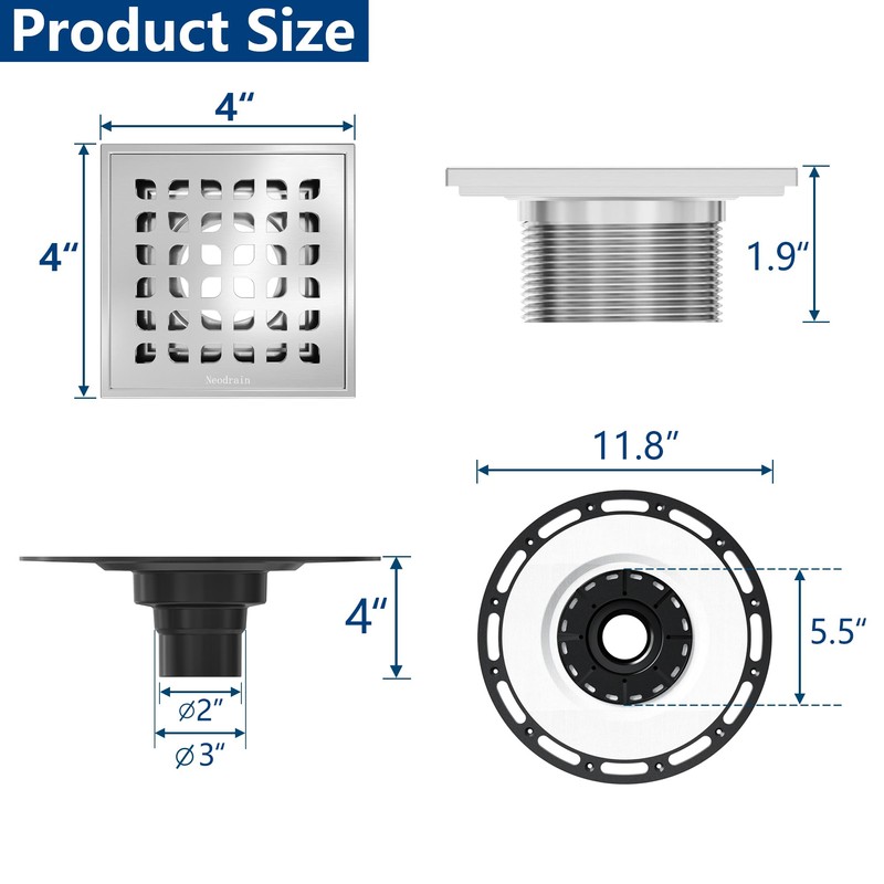 Neodrain 4 in Square Shower Drain Brushed 304 Stainless Steel,