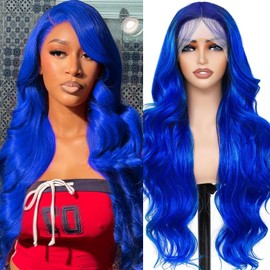 AAY Blue Human Hair Wig 13x4 HD Lace Front Wig 200 Density Body Wave Wig Lace Frontal Wigs Human Hair Pre Plucked Blue Real Hair Wigs for Women Glueless 22 Inch