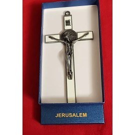 SAINT BENEDICT WHITE  Enamel metal  Wall hanging Cross Saint Benedict  Crucifix 7.5 ×3.5 " new